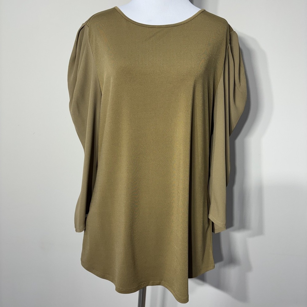 Lysse Blouse Top Women Large 3/4 Puff Sleeve Keyhole Stretch Butternut Office L